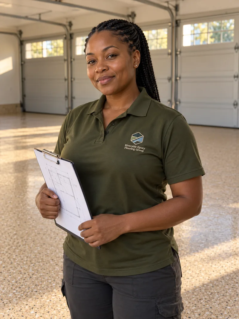Danielle Okafor holding a clipboard with a floor plan sketch in a bright garage with a new tan flake epoxy floor