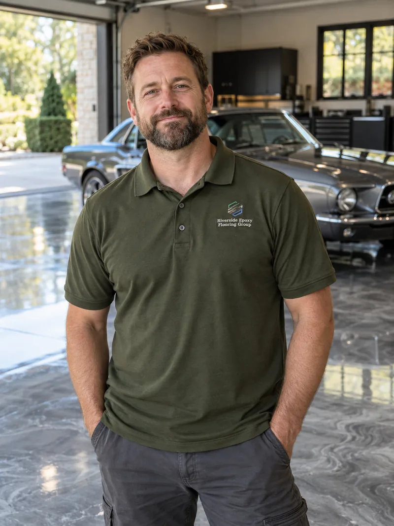 Grant Whitfield, a bearded man in an olive polo standing in a wide garage with a glossy gray metallic epoxy floor and a classic car behind him