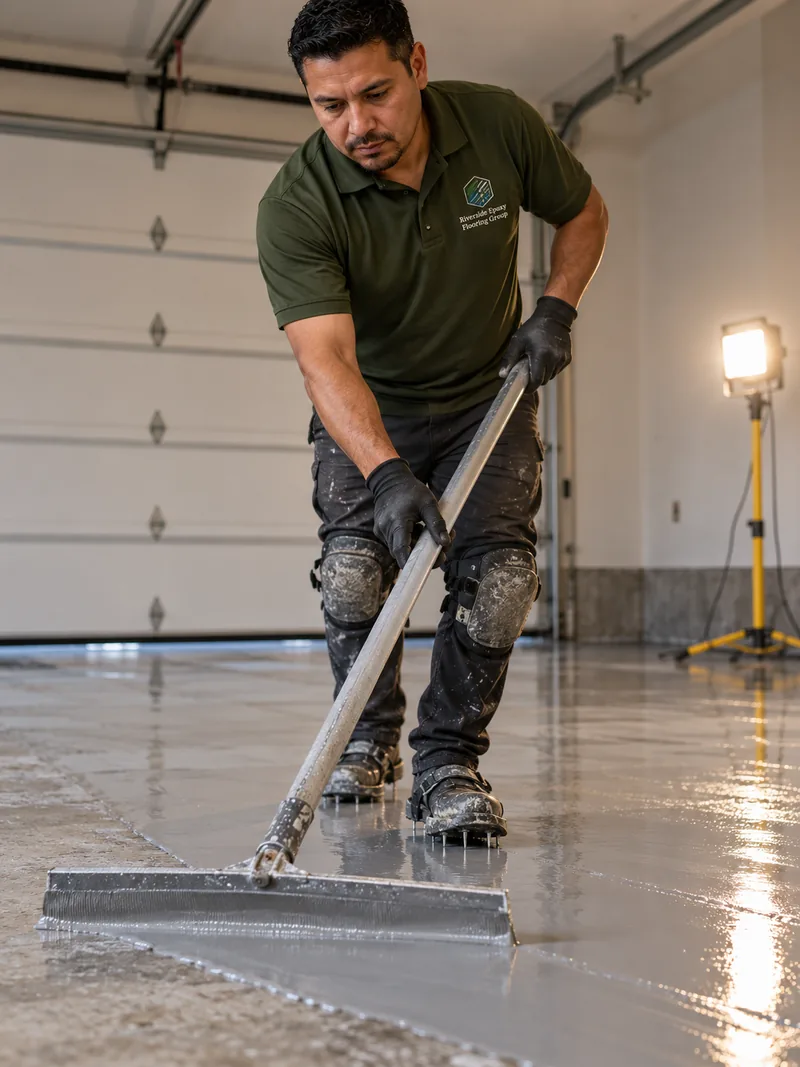 Luis Arreola in knee pads spreading gray epoxy basecoat with a squeegee across a garage slab under a work light