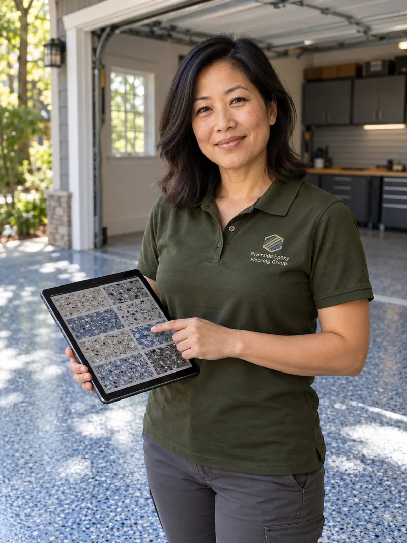 Mei Lin Huang holding a tablet of flake color samples in a garage with a blue-gray flake epoxy floor