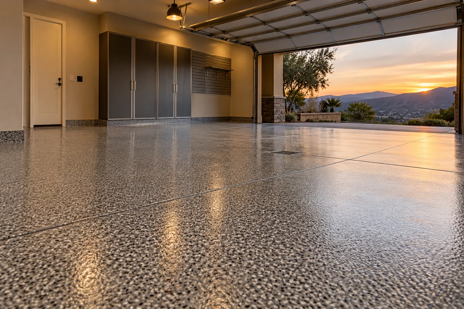 Finished two-car garage floor in gray and black vinyl flake epoxy with a glossy clear coat, cabinets and an open door at golden hour