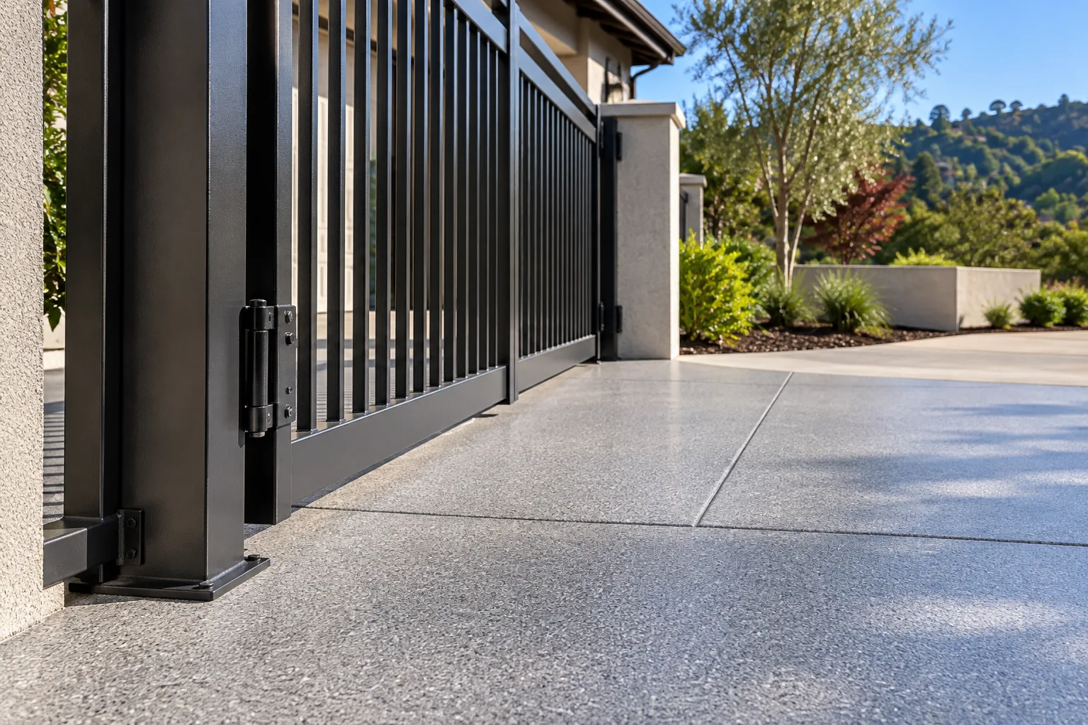 Gray textured quartz-grip coating on a driveway apron and walk beside a black steel gate and a tidy hillside yard