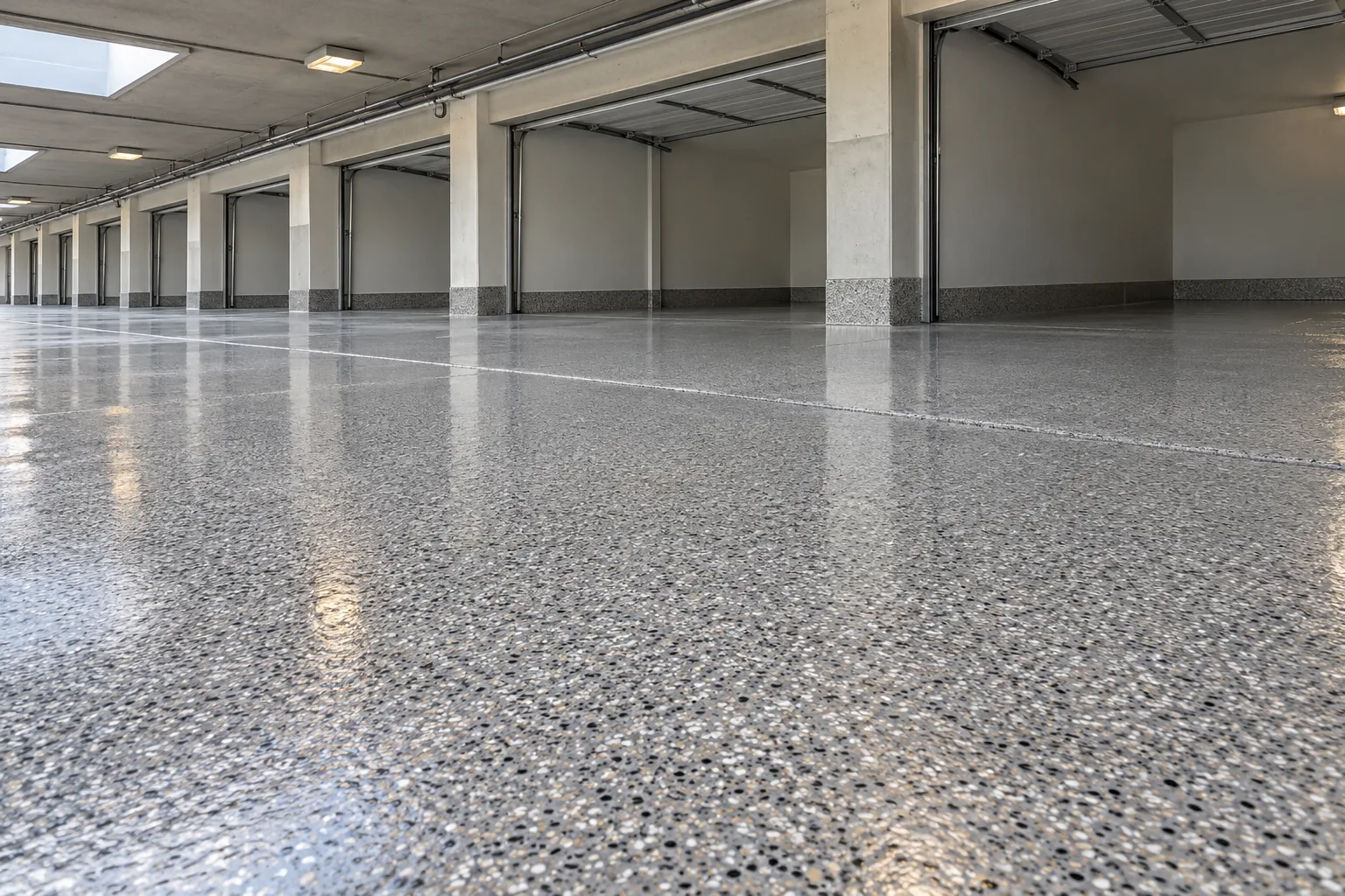 Row of tuck-under garage bays all finished in the same gray and tan flake coating with concrete pillars between them