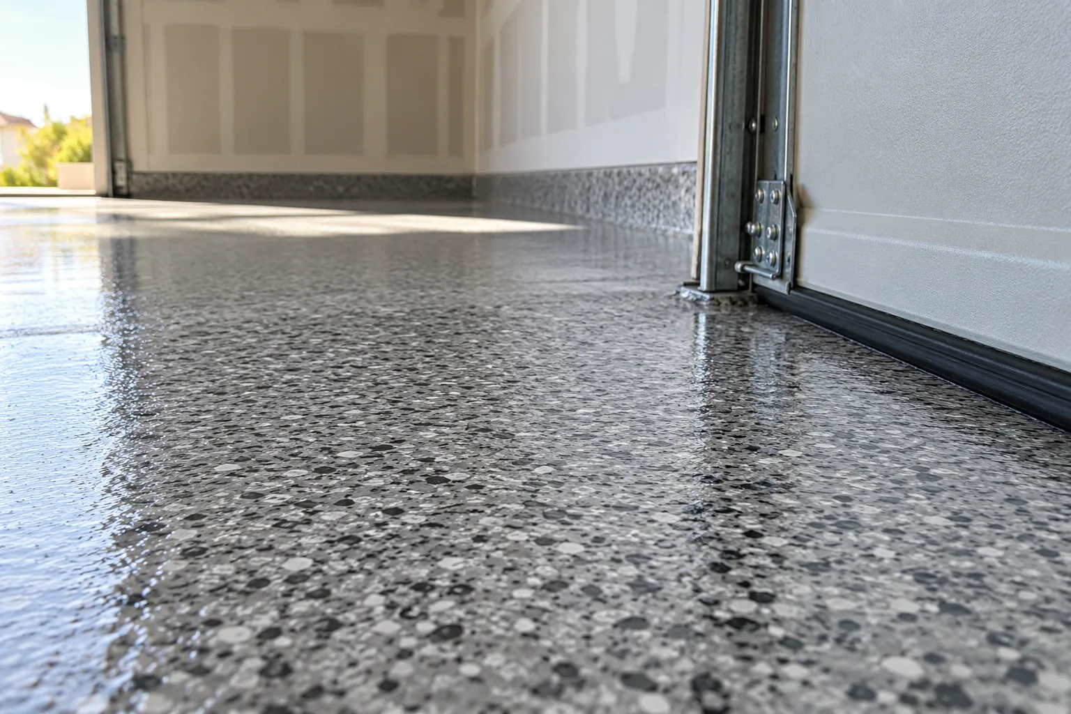 Close low view of a gray and white partial-flake epoxy garage floor meeting the wall and a roll-up door track