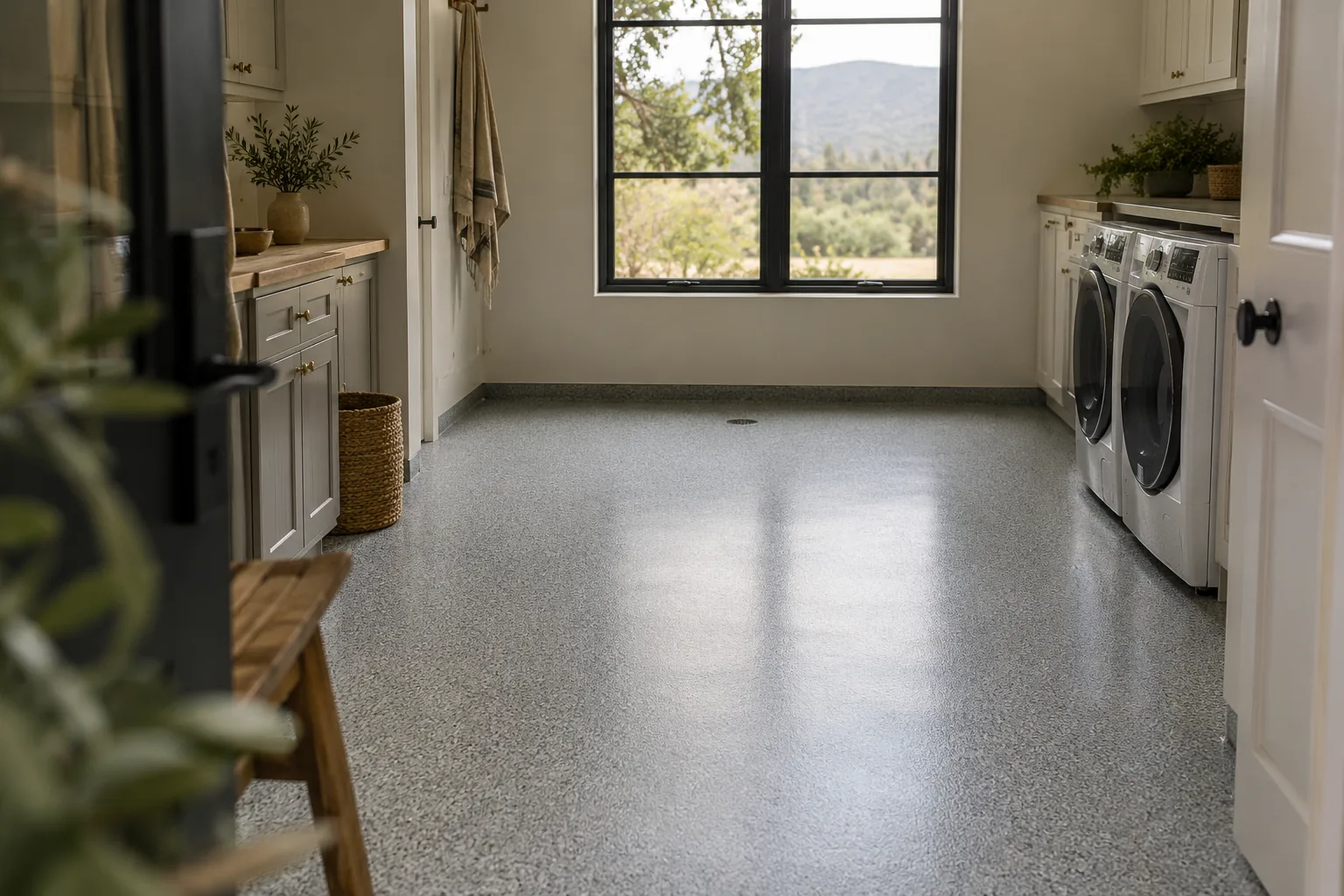 Laundry and mud room floor in gray and white quartz epoxy with no grout lines, a washer and dryer and a mountain view window