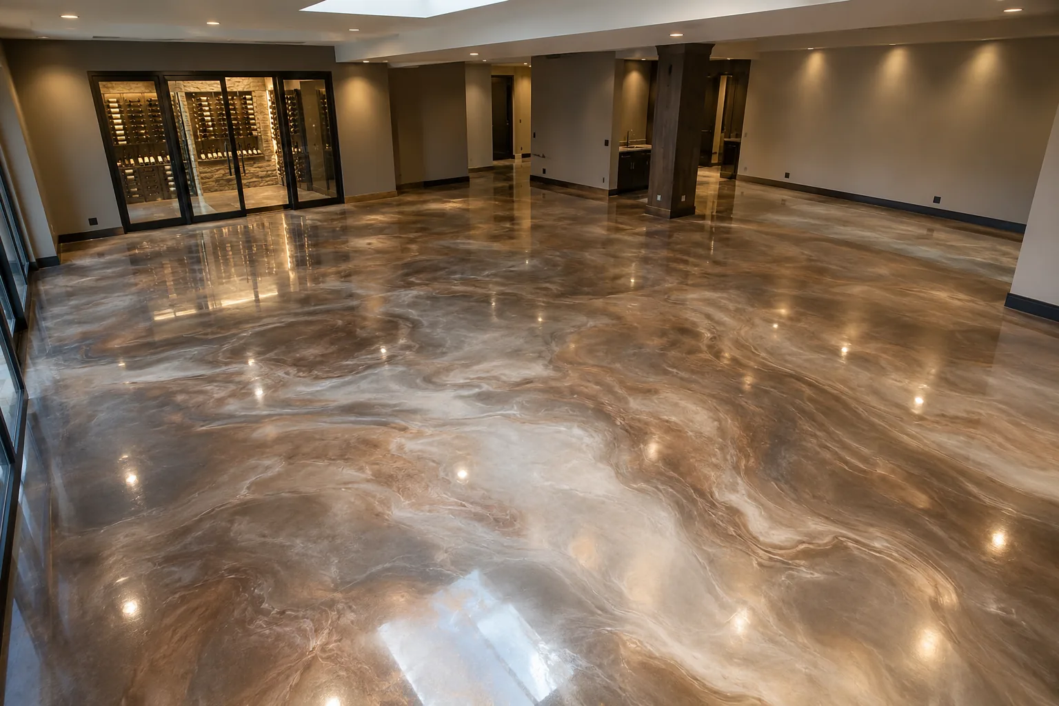 Lower-level game room floor in pearl and bronze metallic epoxy with a glossy swirl pattern and a glass wine room door