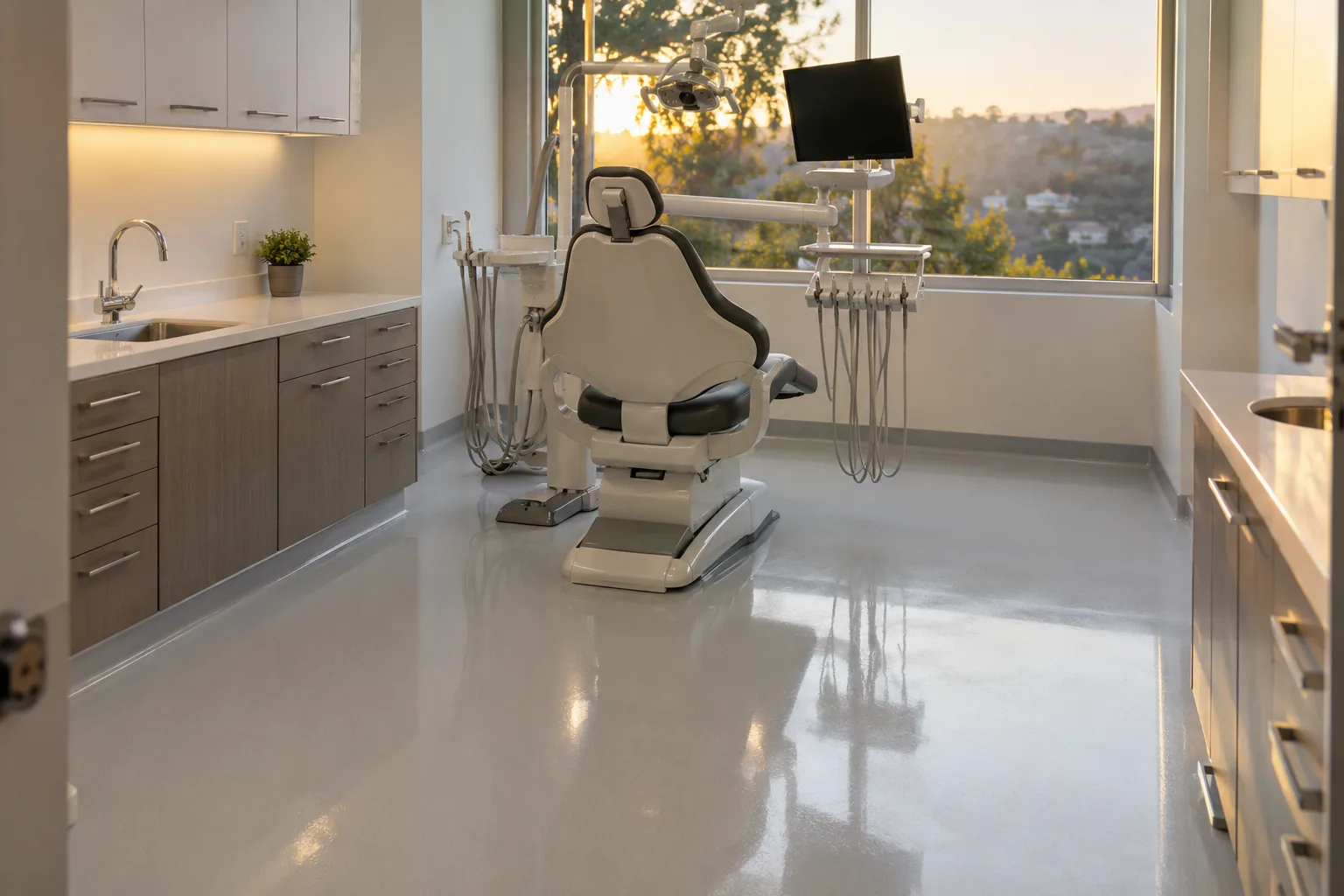 Dental operatory floor in light gray seamless glossy epoxy around a dental chair, cabinets and a sunset window
