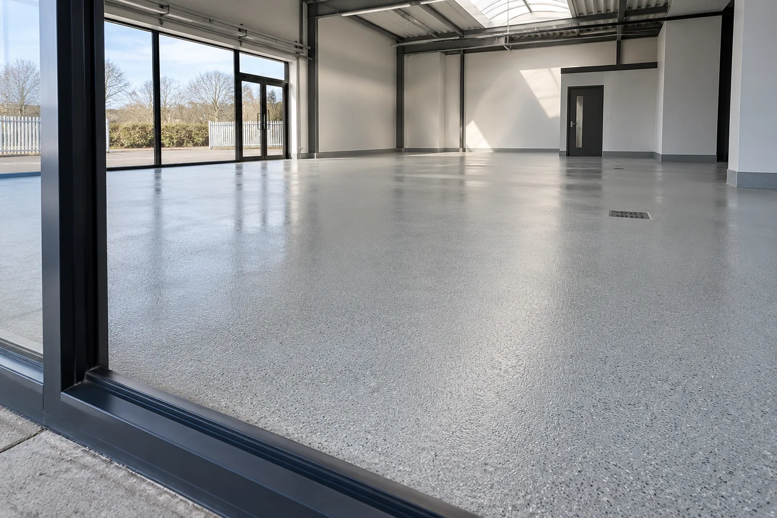 Retail showroom floor coated in light gray quartz epoxy with a satin finish, glass storefront and back office door beyond