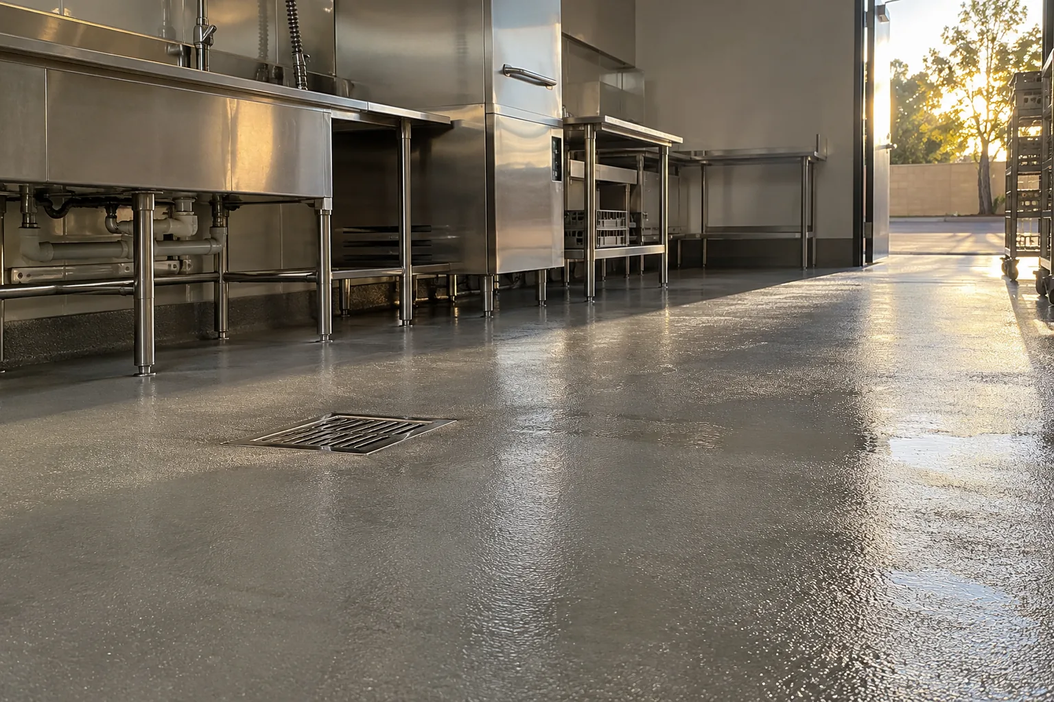 Commercial kitchen floor in seamless gray urethane cement with a trench drain, a wet sheen and stainless steel equipment