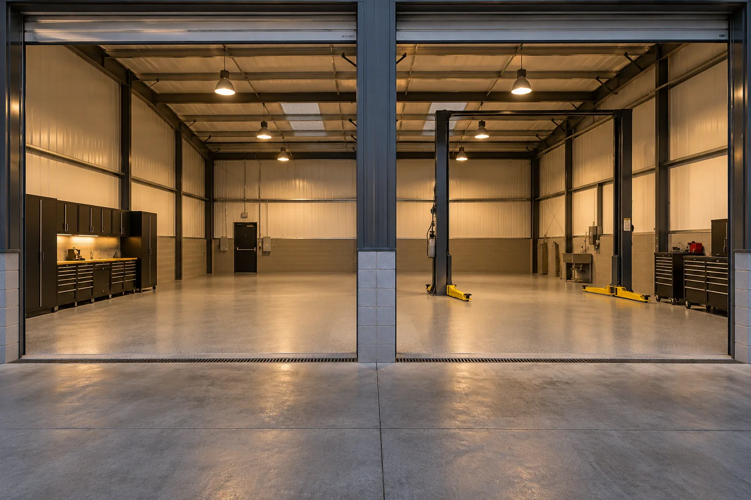 Two-bay repair shop with a gray epoxy floor, one bay with a lift, tool chests along the wall and glowing overhead lamps