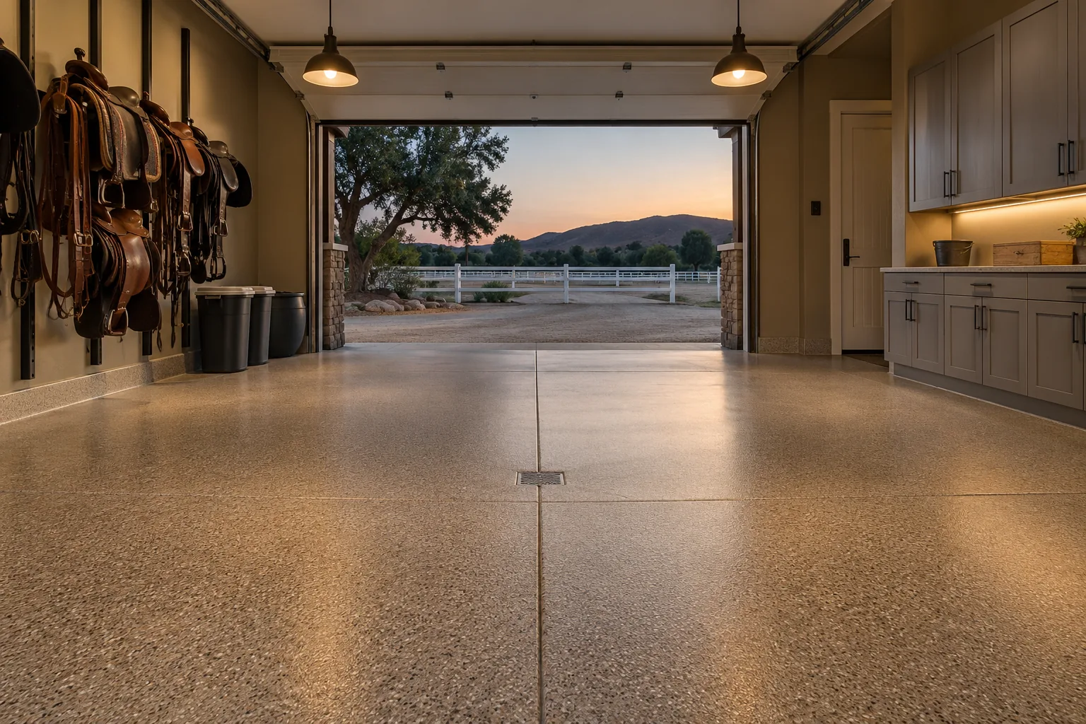 Garage floor in saddle and sand colored flake coating with saddles on a rack, gray cabinets and an open door to a fenced pasture