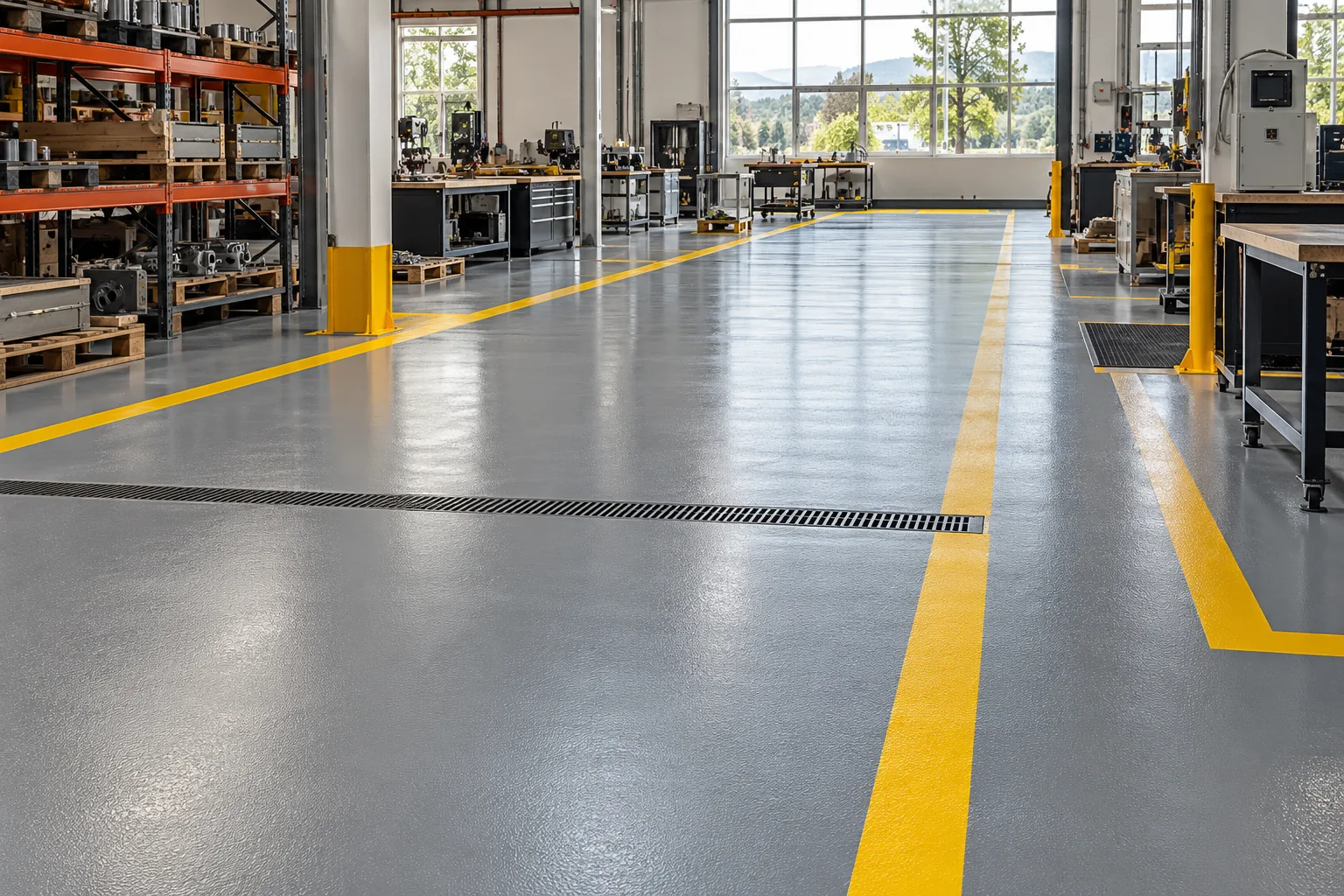 Plant assembly floor in gray high-build epoxy with yellow safety walkway stripes, a trench drain, shelving and workbenches