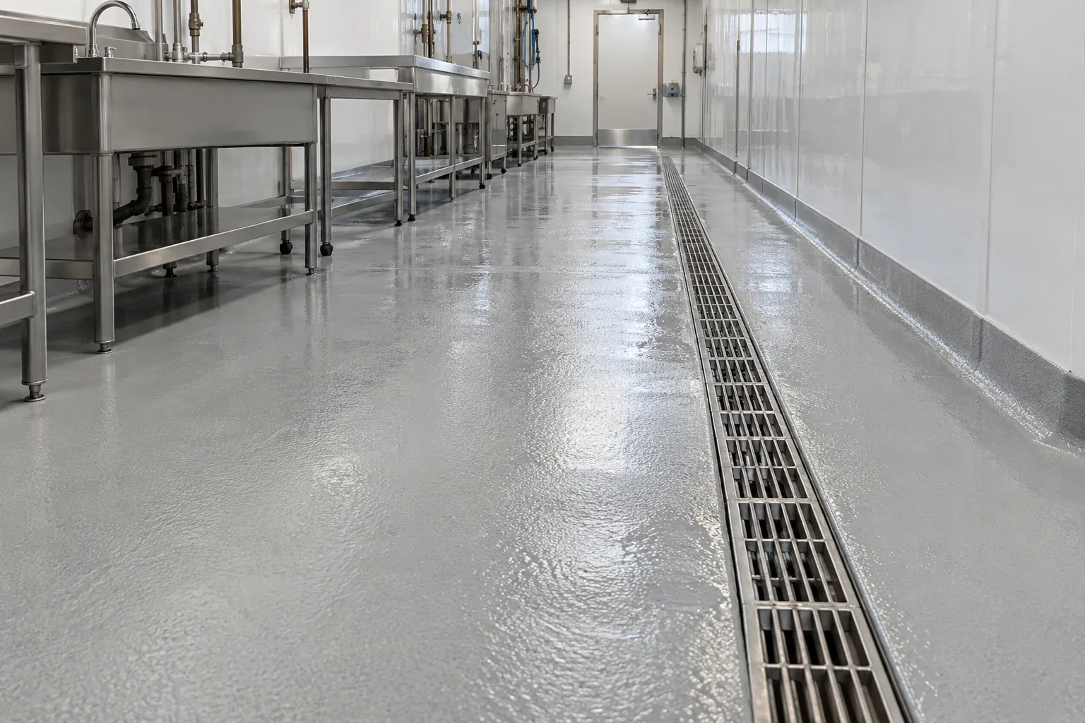 Washdown room floor in light gray urethane cement with a long trench drain, stainless tables and a coved base up white wall panels