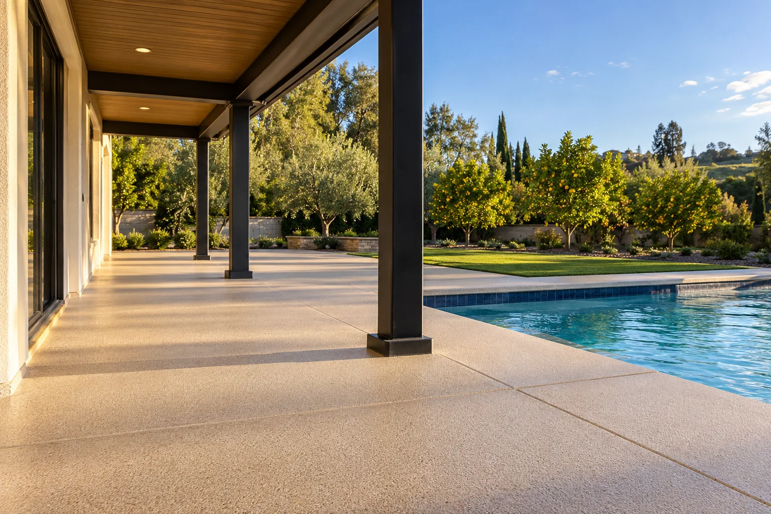 Pool deck coated in light tan textured polyaspartic beside a blue pool with citrus trees and a covered patio