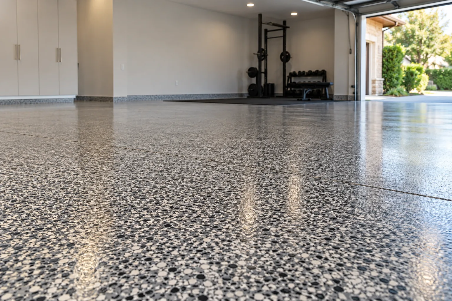 Three-car garage floor in black, white and gray domino flake epoxy with a gym corner of rubber mats and weights