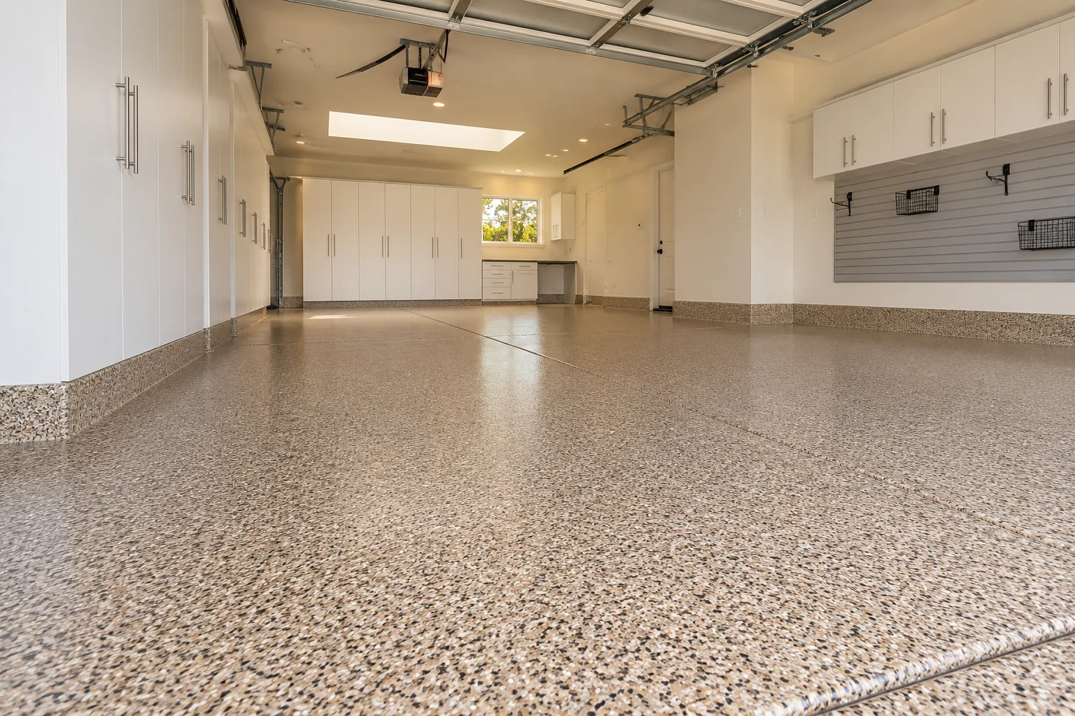 Garage floor in saddle tan flake epoxy running to white cabinets and wall storage, with the stem wall coated to match