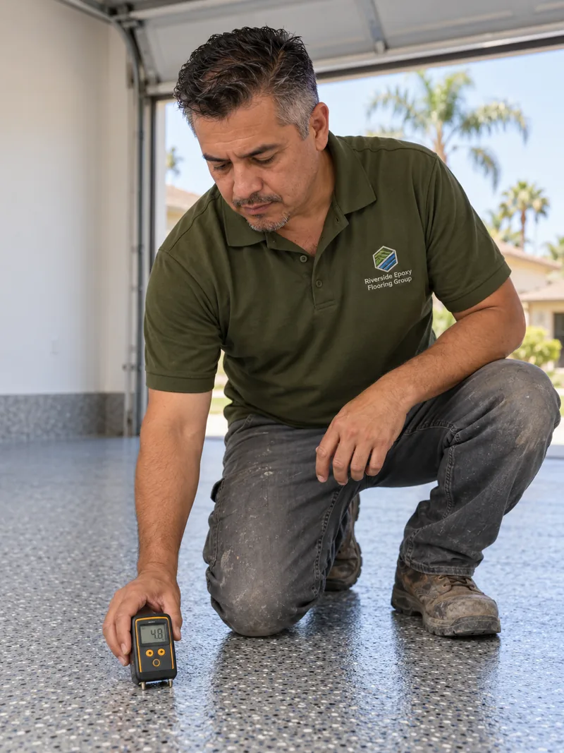 Ray Castellanos, owner, a man with graying dark hair kneeling on a gray flake garage floor holding a moisture meter in an olive polo, open garage door behind him