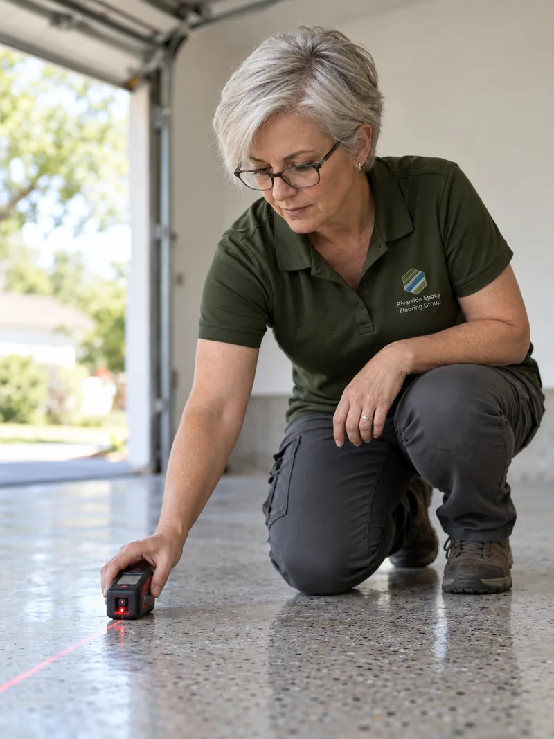 Sandra Pruitt, a silver-haired woman in reading glasses crouching to measure a polished flake garage floor with a laser distance meter