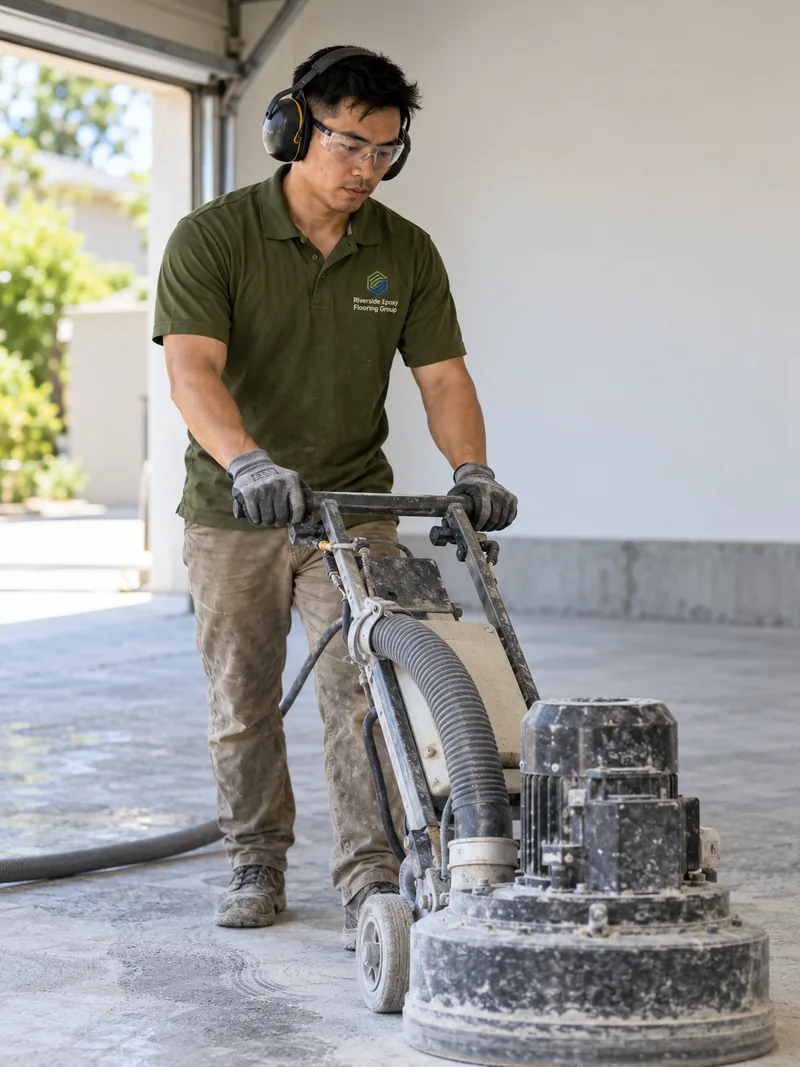 Trevor Nguyen wearing ear protection and safety glasses guiding a walk-behind diamond grinder with a dust hose across a bare concrete garage floor
