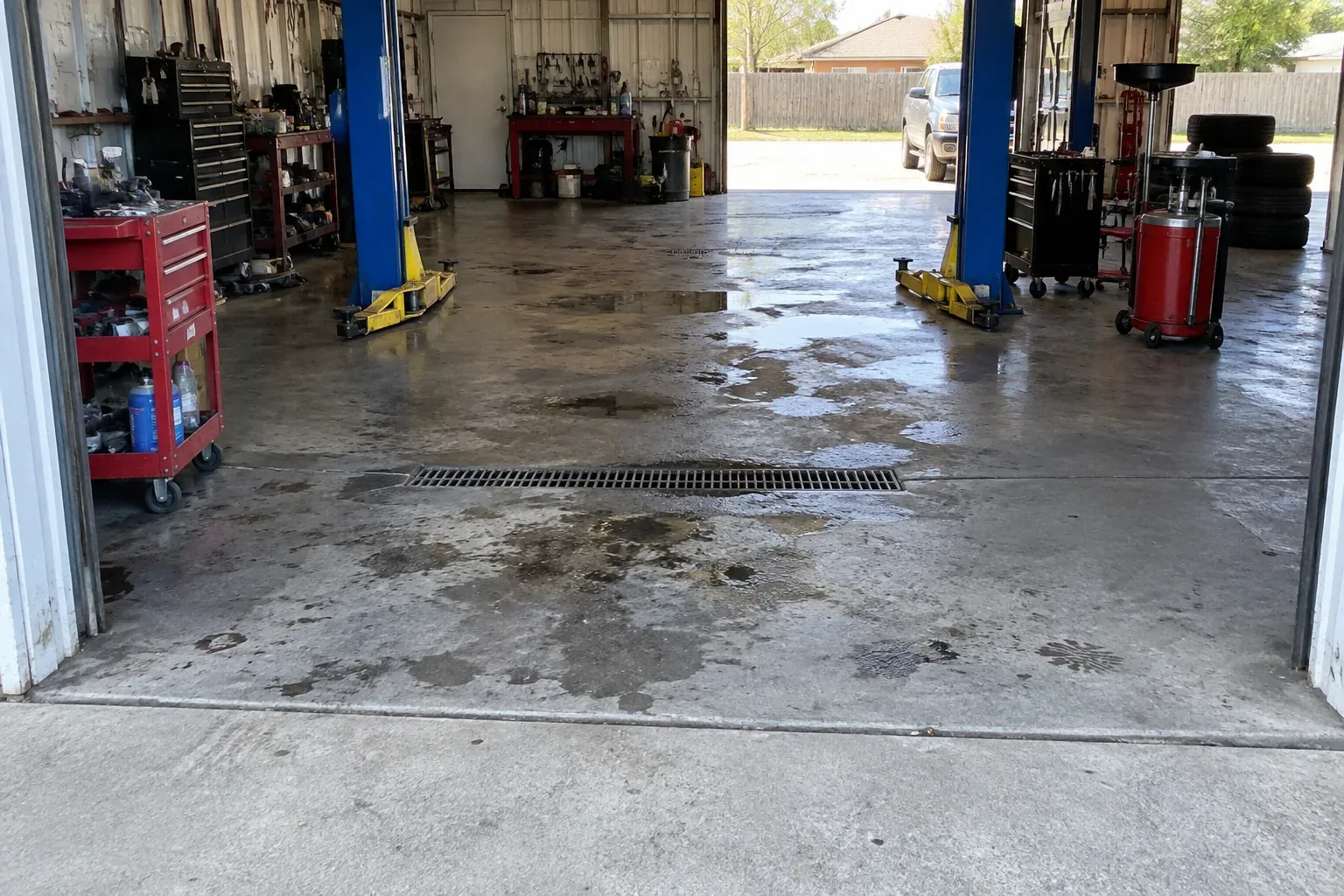 Riverside auto shop before epoxy: a wet, stained bare concrete floor between two blue vehicle lifts
