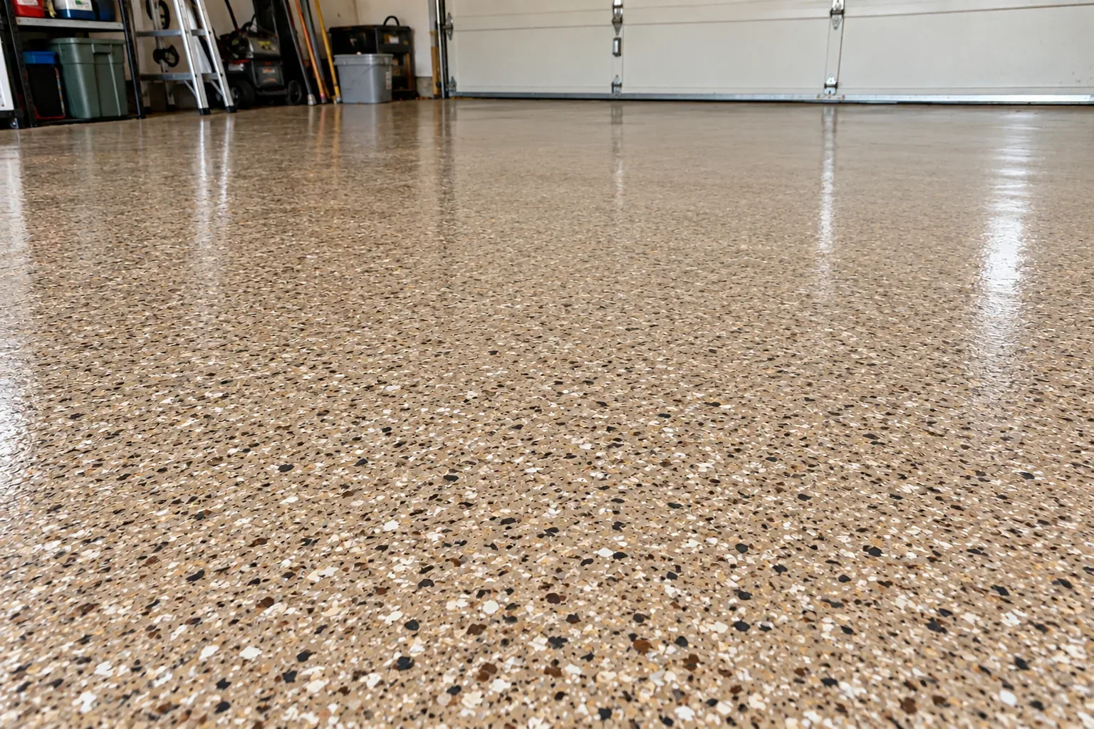 The same Riverside slab after a flake floor: a glossy tan and brown flake finish in the same low view