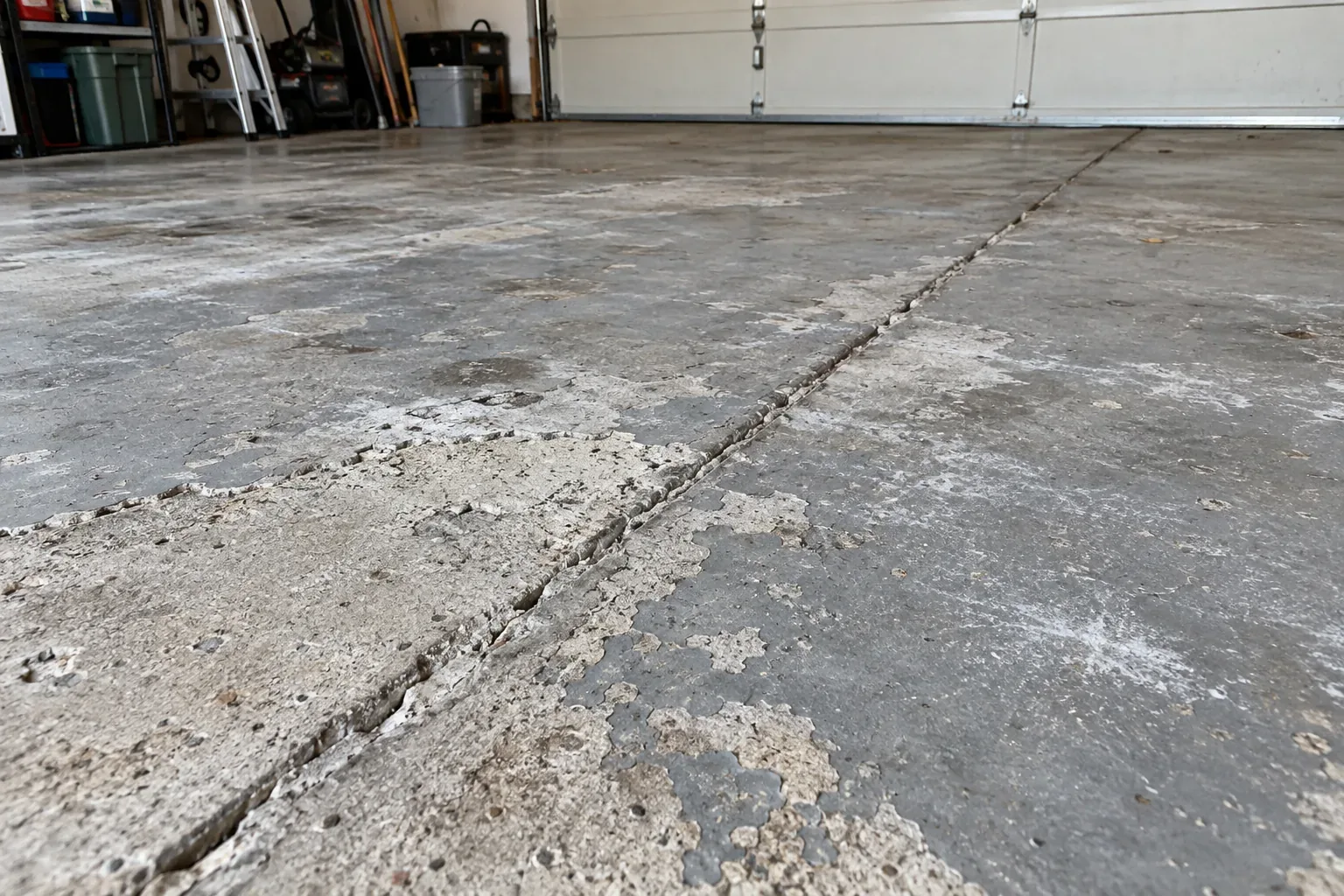 Riverside garage slab before a flake floor: a low view across cracked and spalled bare concrete toward a white garage door