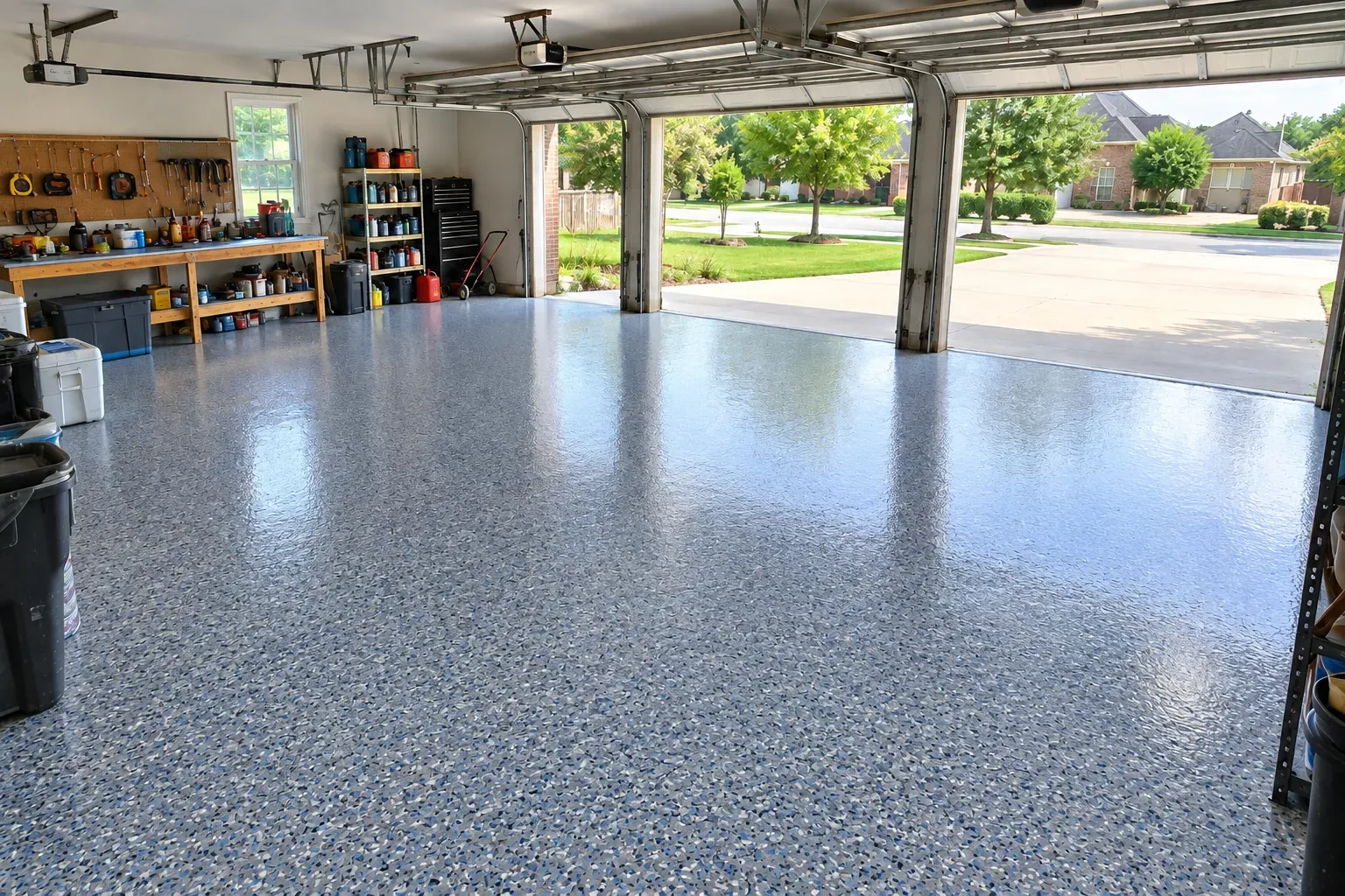The same Riverside open garage after a floor coating: a glossy grey flake floor