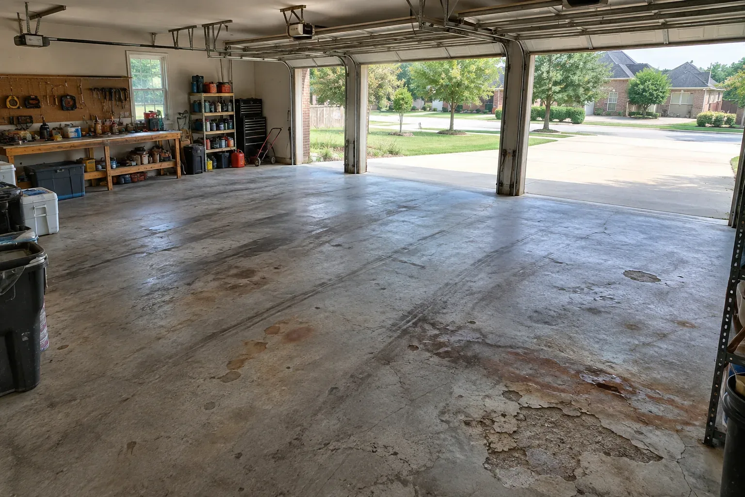 Riverside garage before a floor coating: an open garage with a stained, cracked bare floor and a wooden workbench along the back