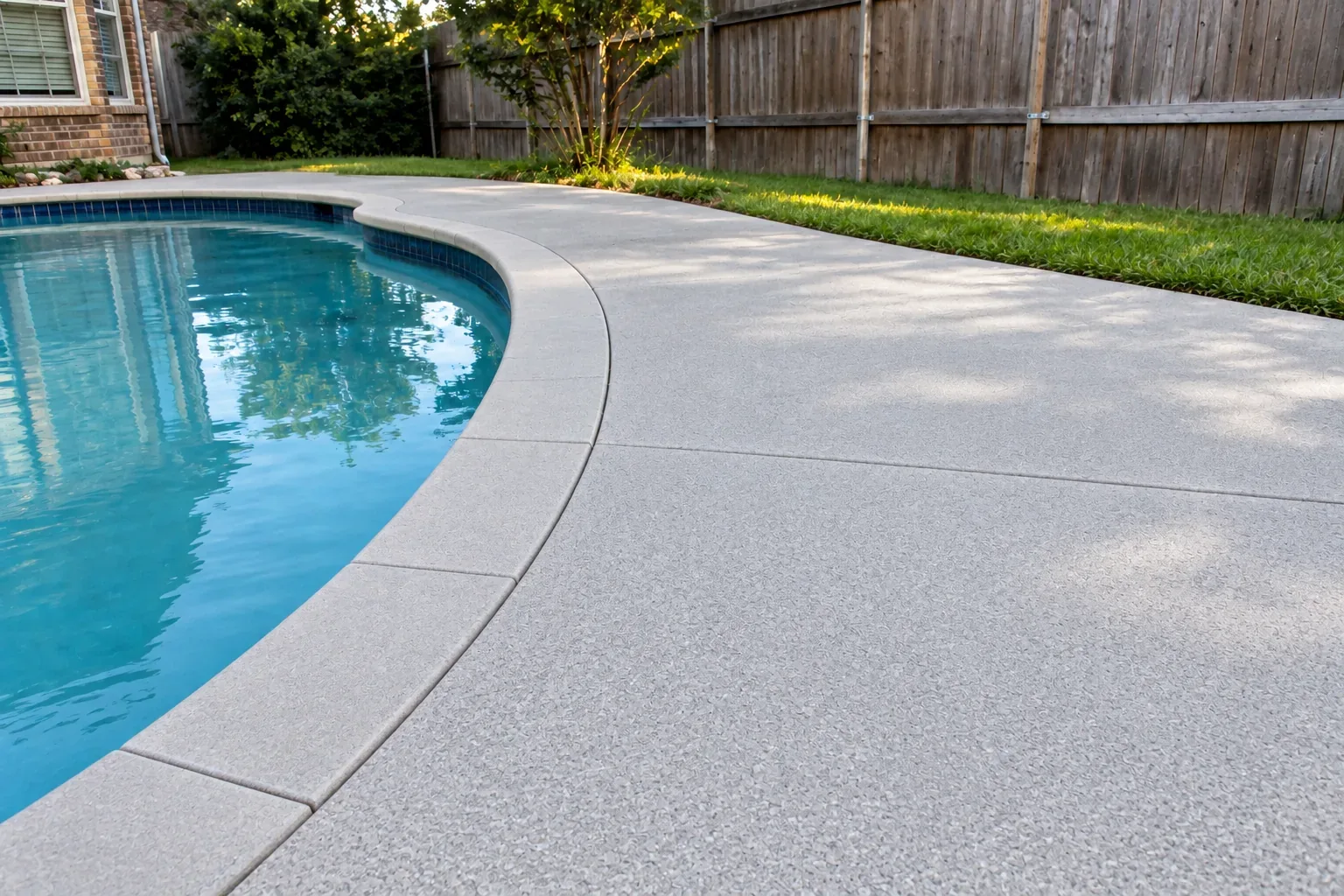The same Riverside pool deck after resurfacing: a smooth light grey coating along the same curved edge