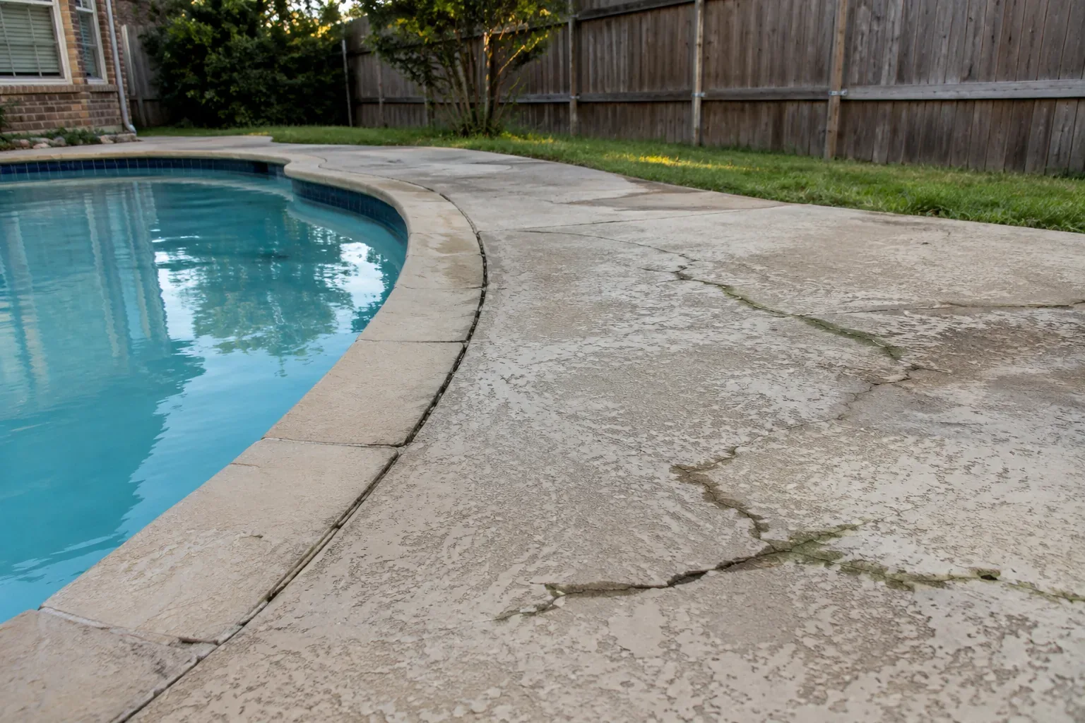 Riverside pool deck before resurfacing: cracked and stained concrete along a curved pool edge, with a wooden fence and lawn behind