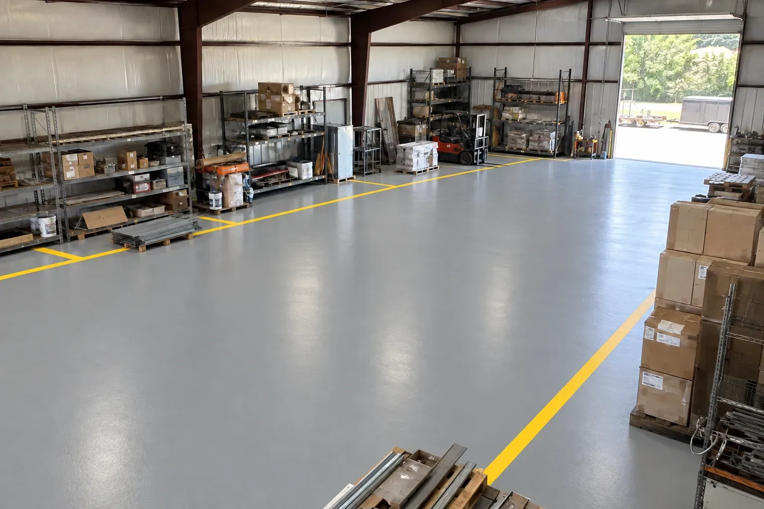 The same Riverside warehouse after epoxy: a light grey coated floor with yellow aisle striping
