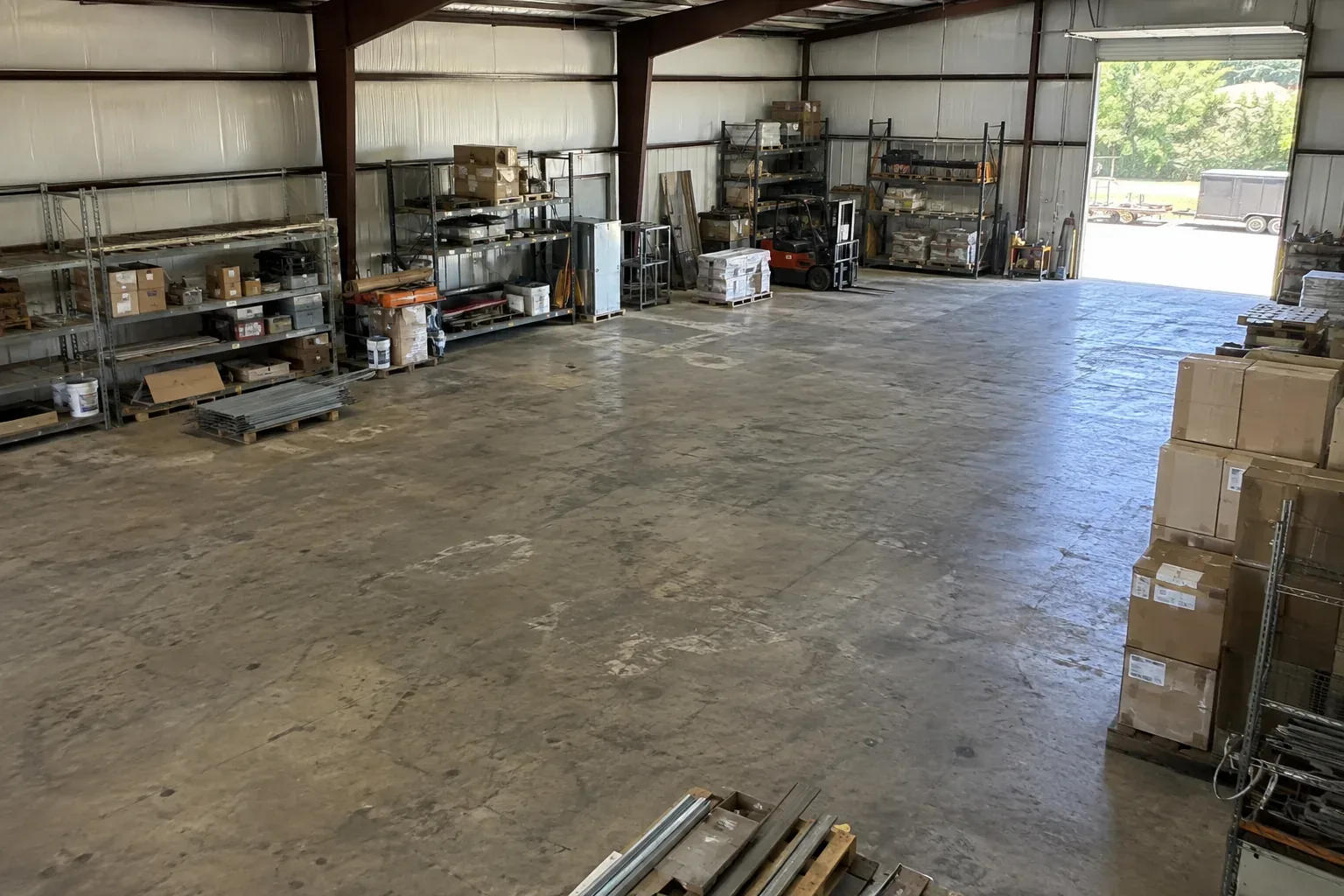 Riverside warehouse before epoxy: a worn and stained bare concrete floor with metal shelving and boxes by an open dock door